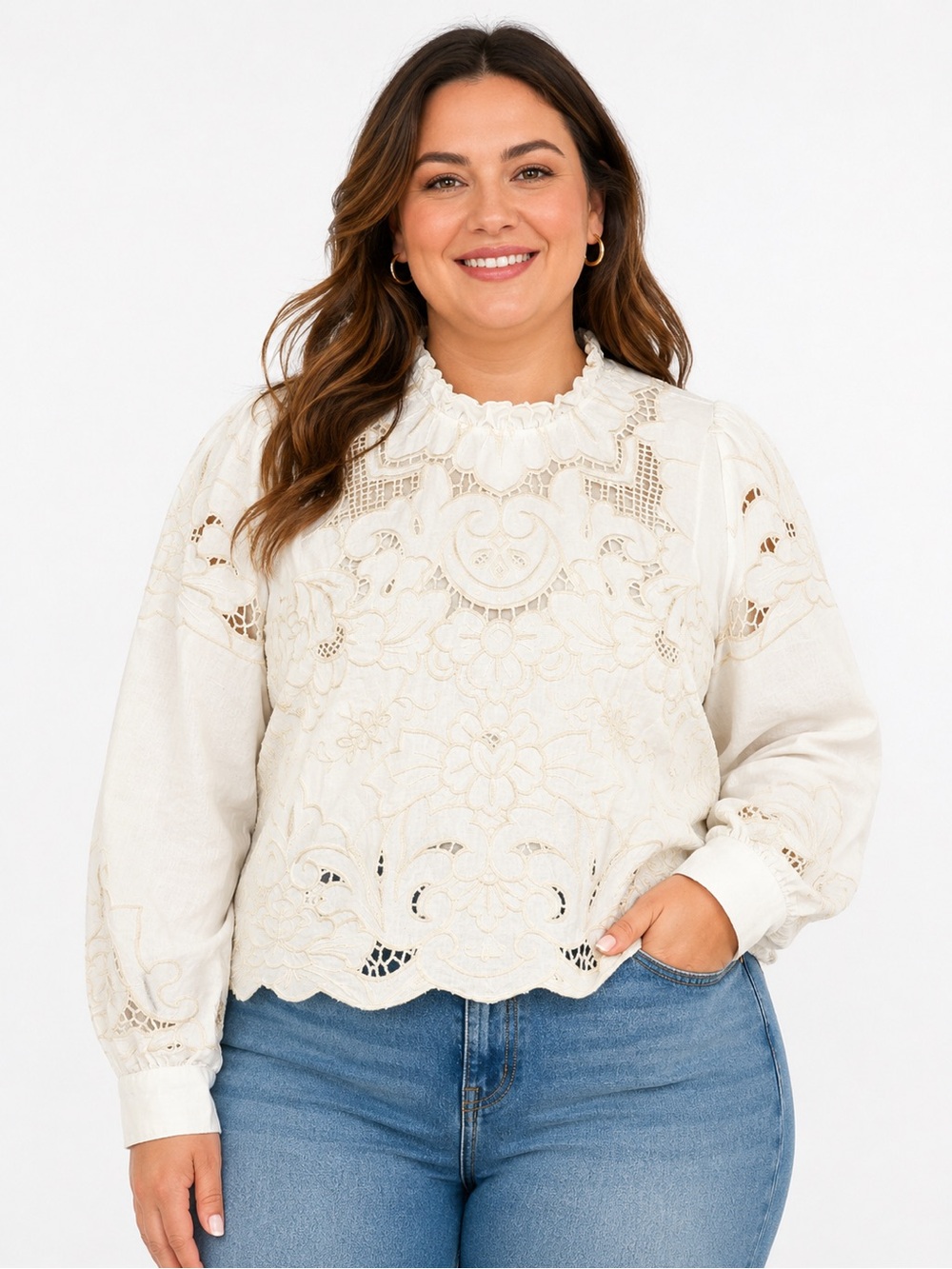 Anthropologie Lainie Embroidered Cream Lace Eyelet Ruffled-Neck Blouse Size L